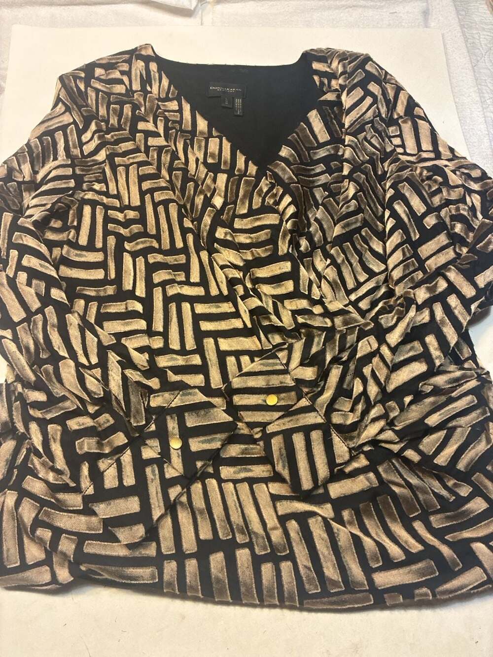 Donna Karan New York Wrap Blouse Size L Black Gold Velvet Geometric